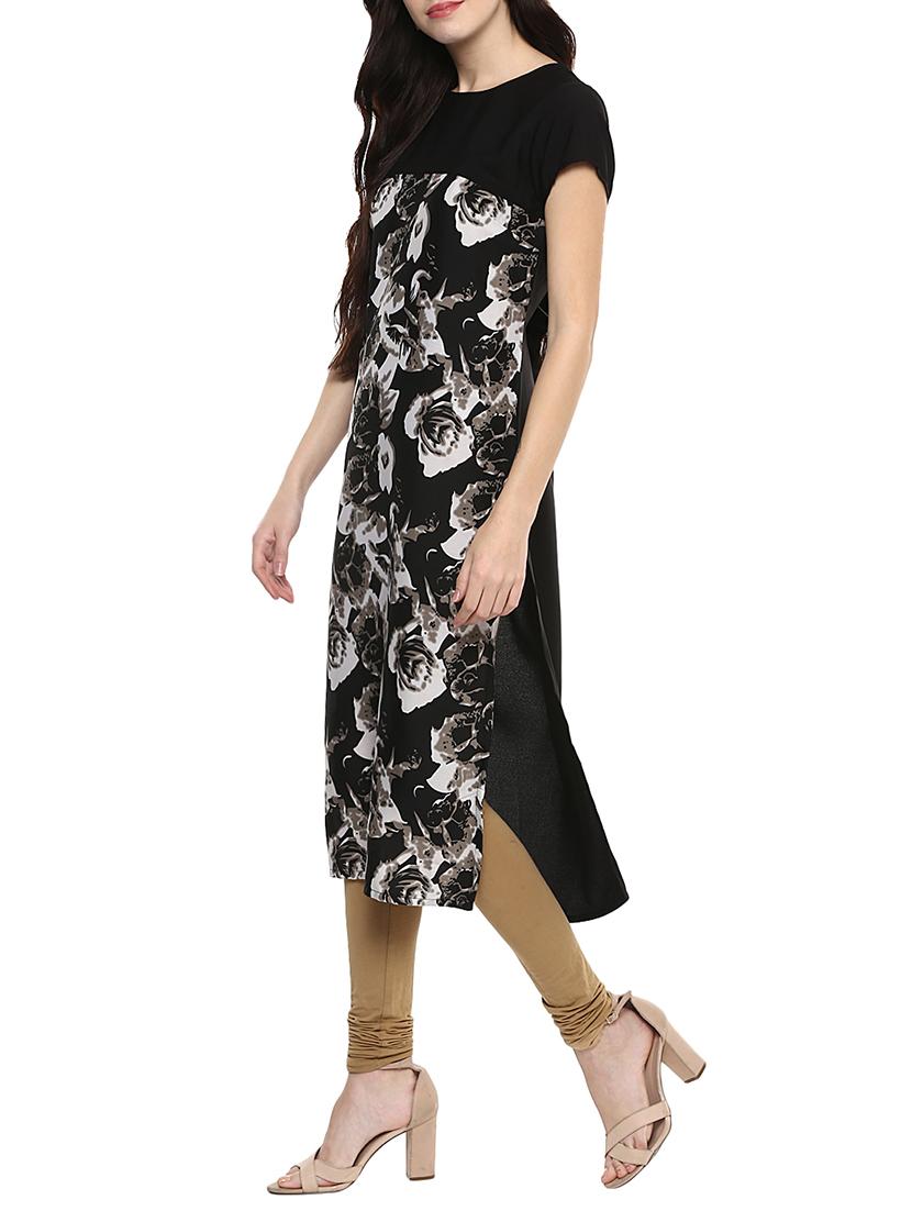 black poly crepe straight kurta - 14607945 - Zoom Image - 2