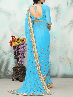 sky blue embroidered saree with blouse - 14610060 - Standard Image - 2