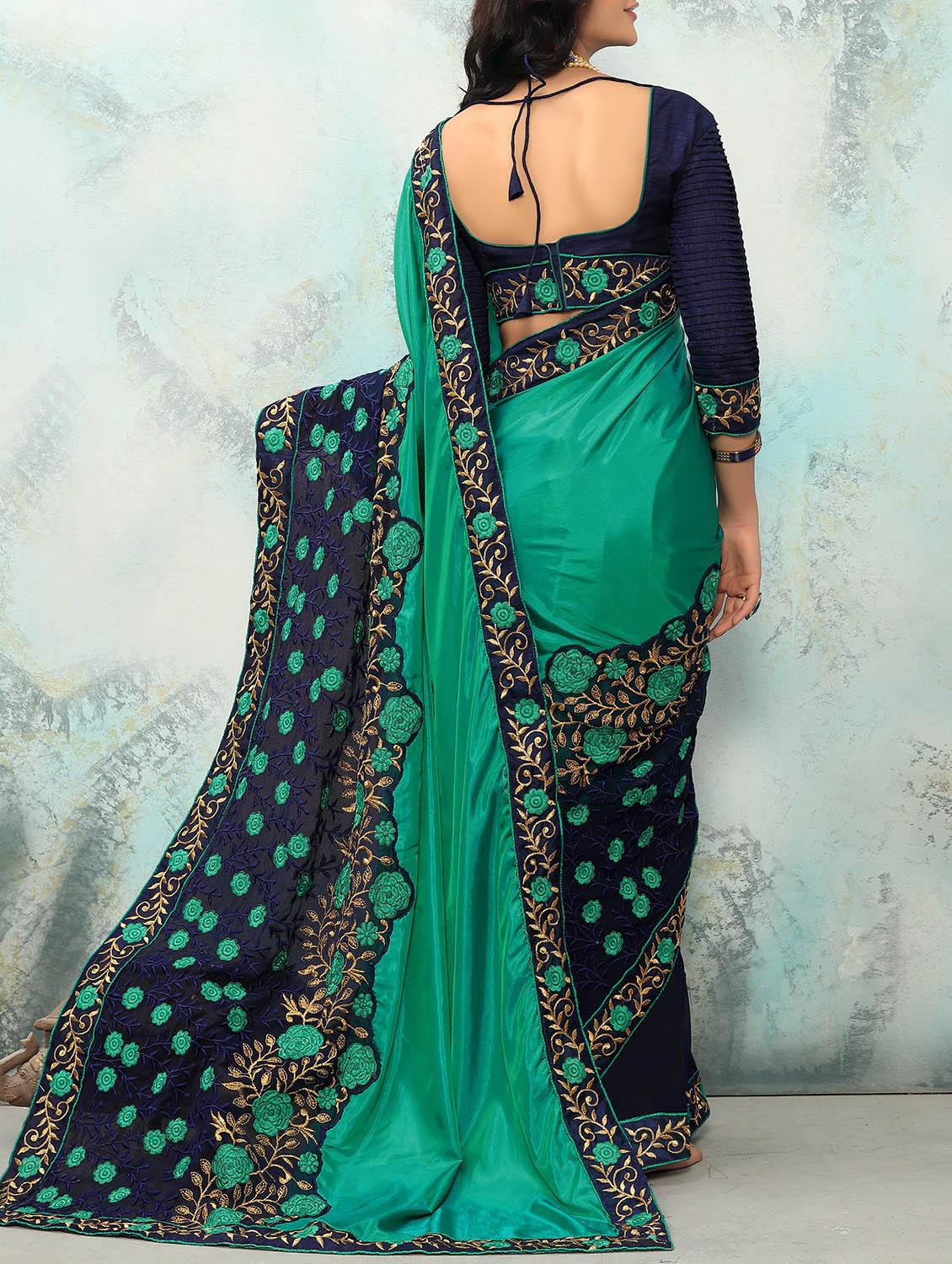 green embroidered saree with blouse - 14610064 - Zoom Image - 2