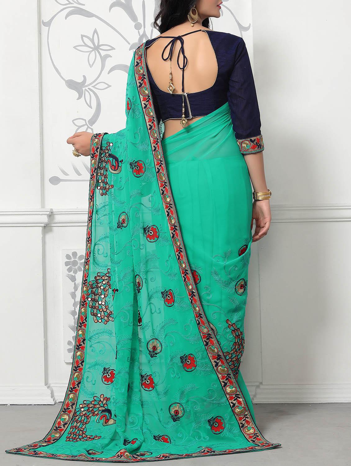 green georgette embroidered saree with blouse - 14610065 - Zoom Image - 2