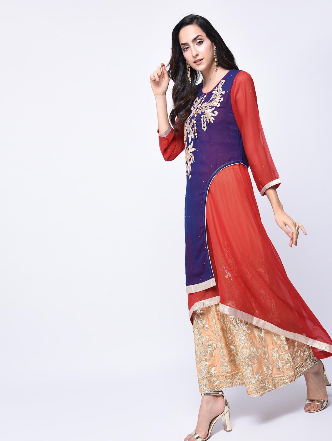 red gotta work georgette layered kurta - 14610793 - Zoom Image - 2