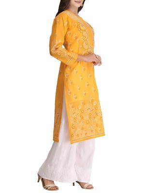 ada mustard cotton straight kurta - 14636521 - Standard Image - 2