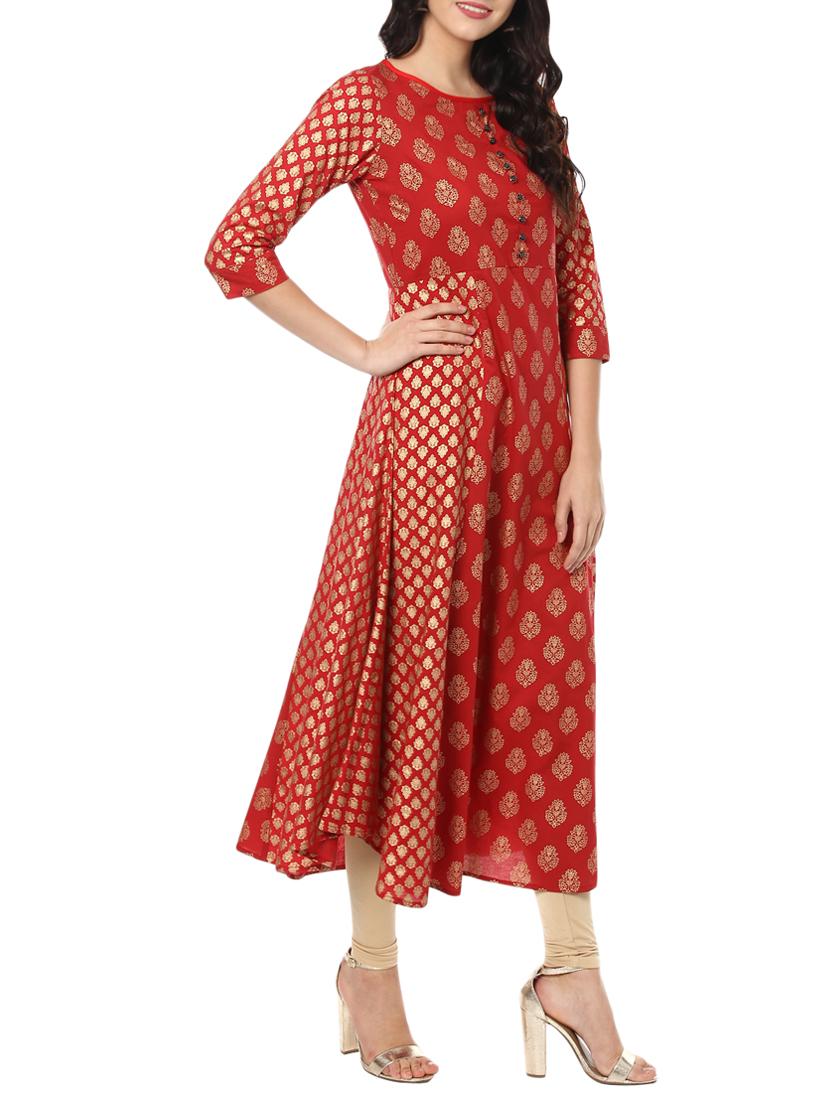 red cotton flared kurta - 14637992 - Zoom Image - 2