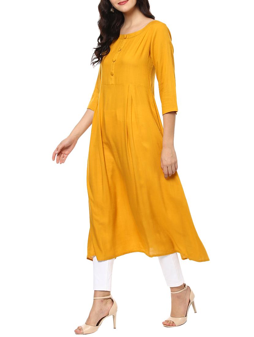 yellow rayon flared kurta - 14638050 - Zoom Image - 2