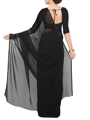 black georgette plain saree with blouse - 14643103 - Standard Image - 2