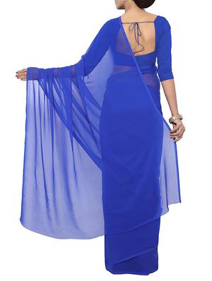 blue georgette plain saree with blouse - 14643117 - Standard Image - 2