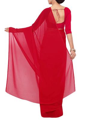 red georgette plain saree with blouse - 14643120 - Standard Image - 2