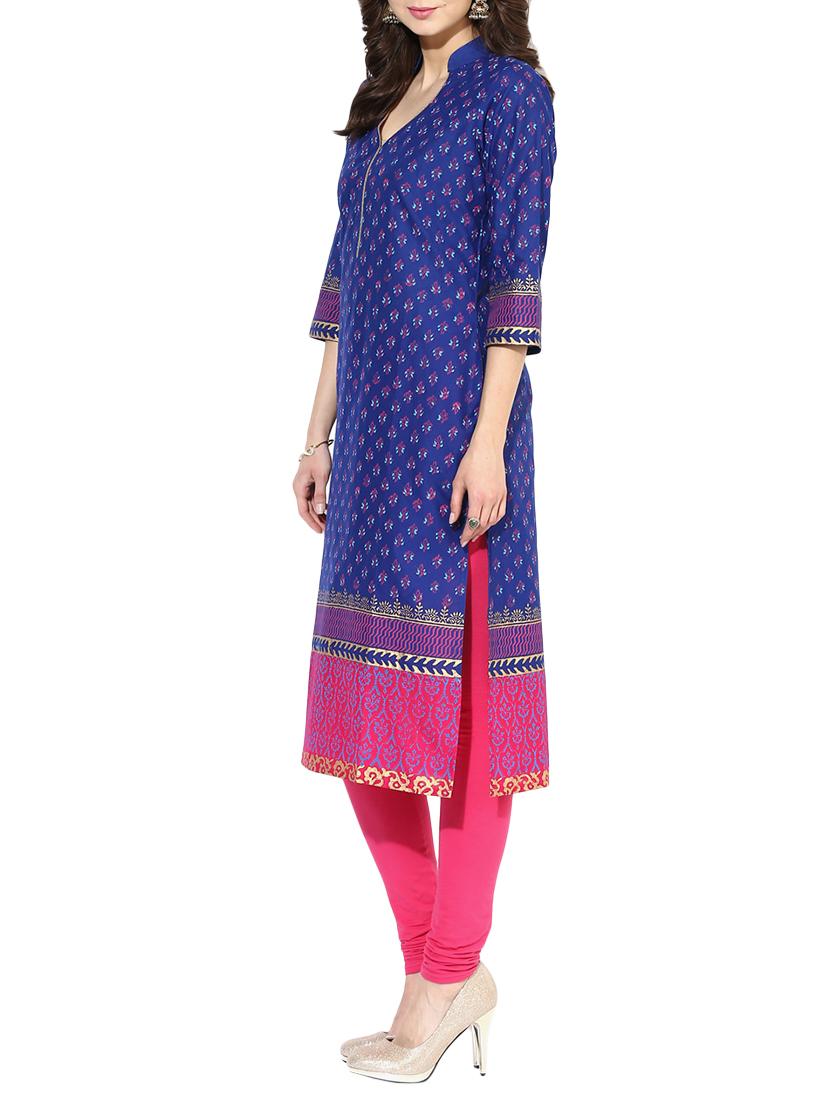 blue cotton straight kurta - 14658668 - Zoom Image - 2