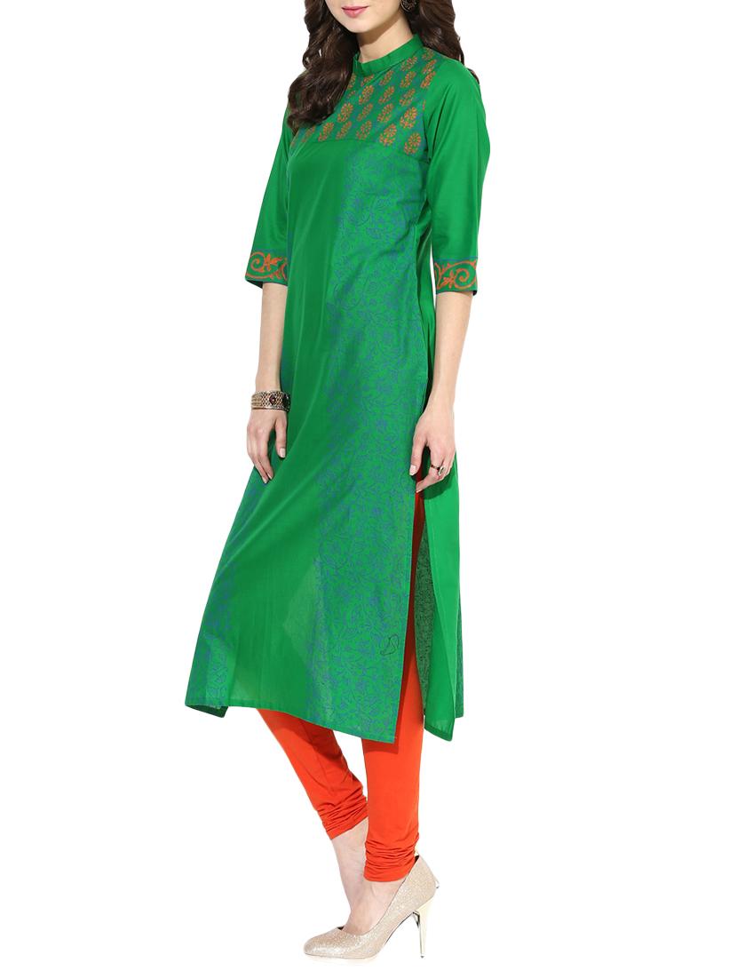green cotton straight kurta - 14658669 - Zoom Image - 2