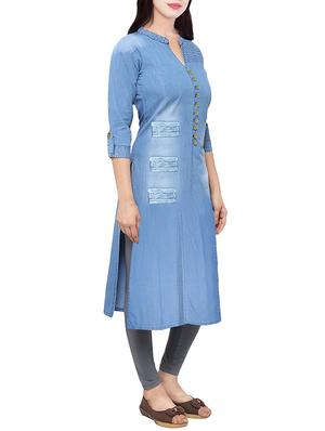 Denim buttoned straight kurta - 14660598 - Standard Image - 2