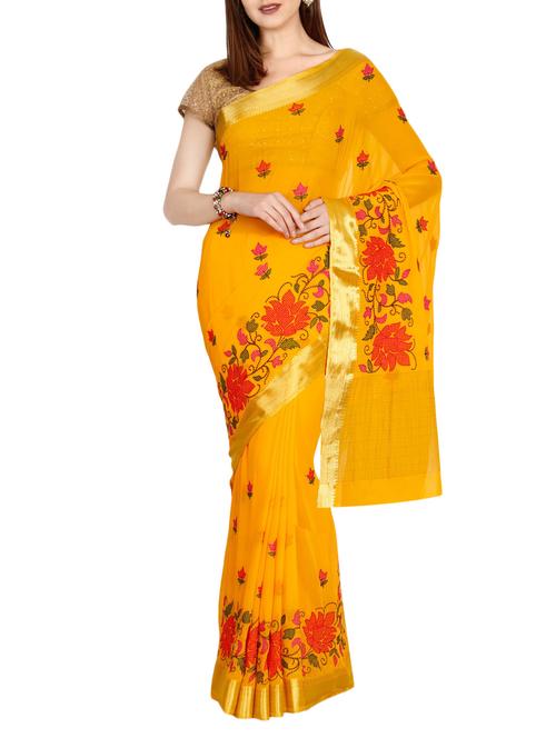 The Chennai Silks yellow embroidered saree with blouse - 14660947 - Very Small Image - 1