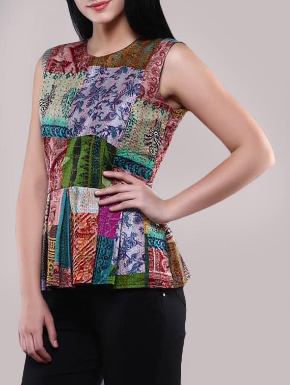 simply kitsch green pure silk peplum top - 14665356 - Zoom Image - 2
