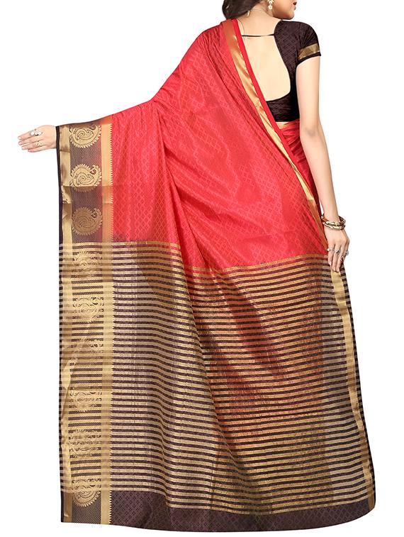 red nylon woven saree with blouse - 14667552 - Zoom Image - 2