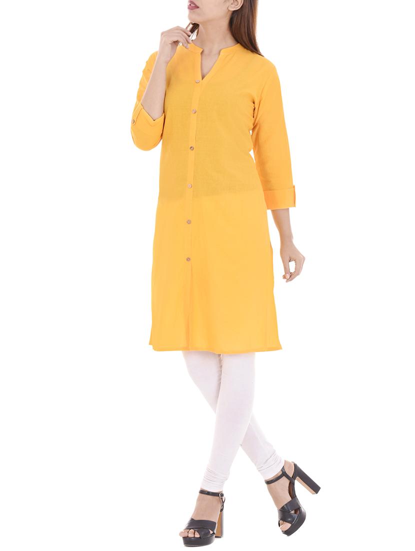 yellow cotton straight kurta - 14717060 - Zoom Image - 2