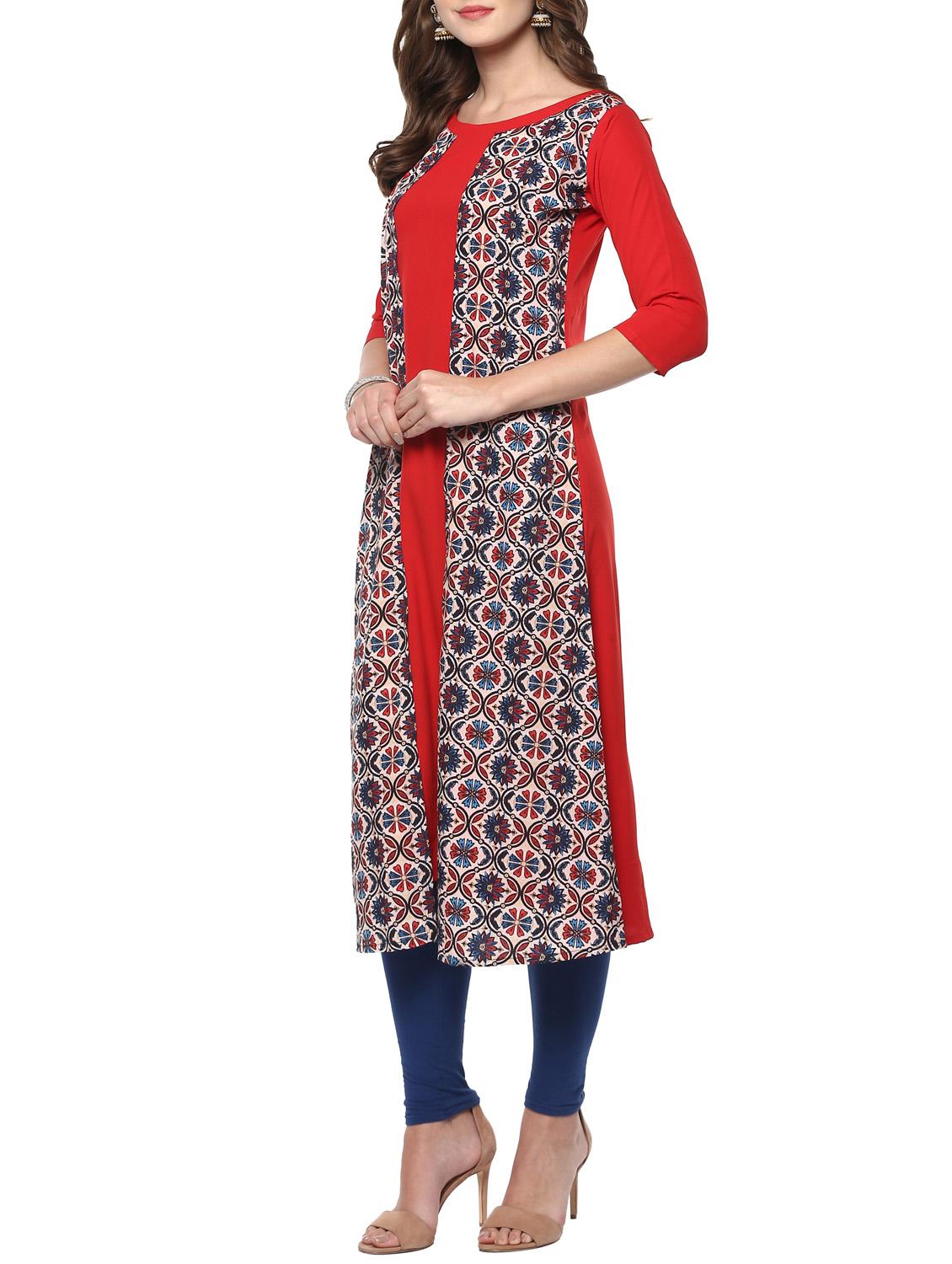 red crepe layered kurta - 14736604 - Zoom Image - 2