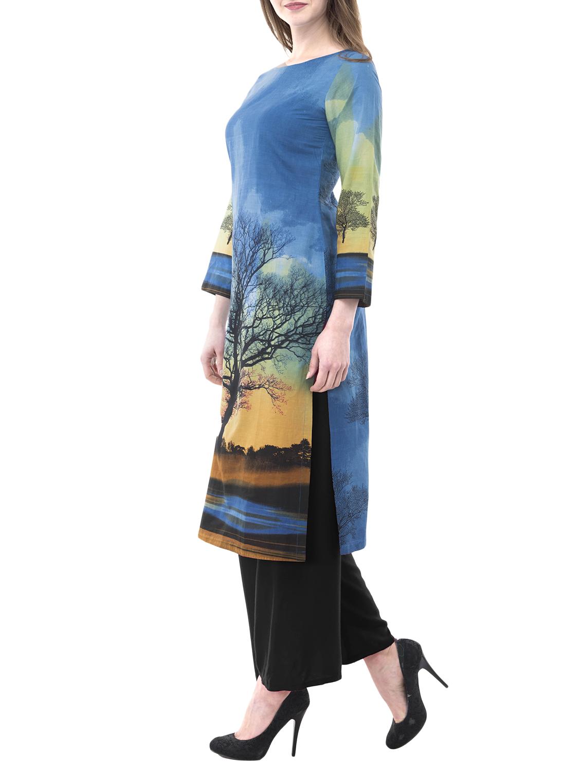 blue cotton straight kurta - 14741055 - Zoom Image - 2
