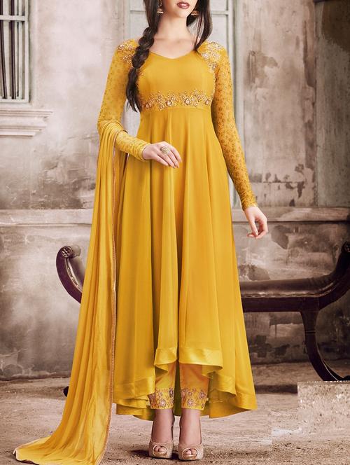 embroidered semi-stitched asymmetric suit - 14749074 - Standard Image - 1