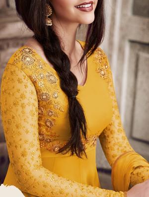 embroidered semi-stitched asymmetric suit - 14749074 - Standard Image - 2