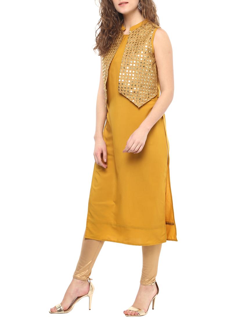 straight kurta with mirror work jacket - 14766978 - Zoom Image - 2