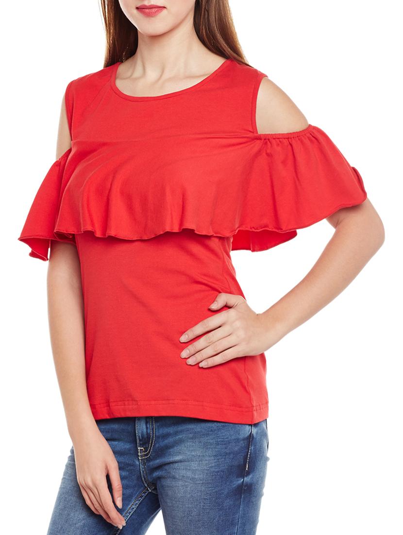 red poly jersey ruffled top - 14780085 - Zoom Image - 2