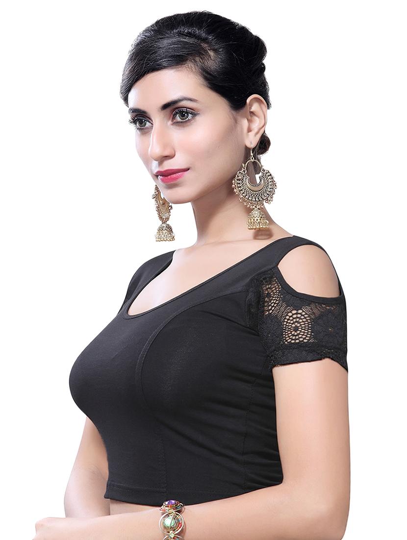 Black cotton lycra solid blouse - 14781955 - Zoom Image - 2