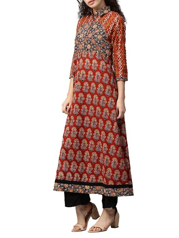 red cotton aline kurta - 14783385 - Zoom Image - 2