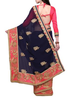 blue georgette embroidered saree with blouse - 14786040 - Standard Image - 2