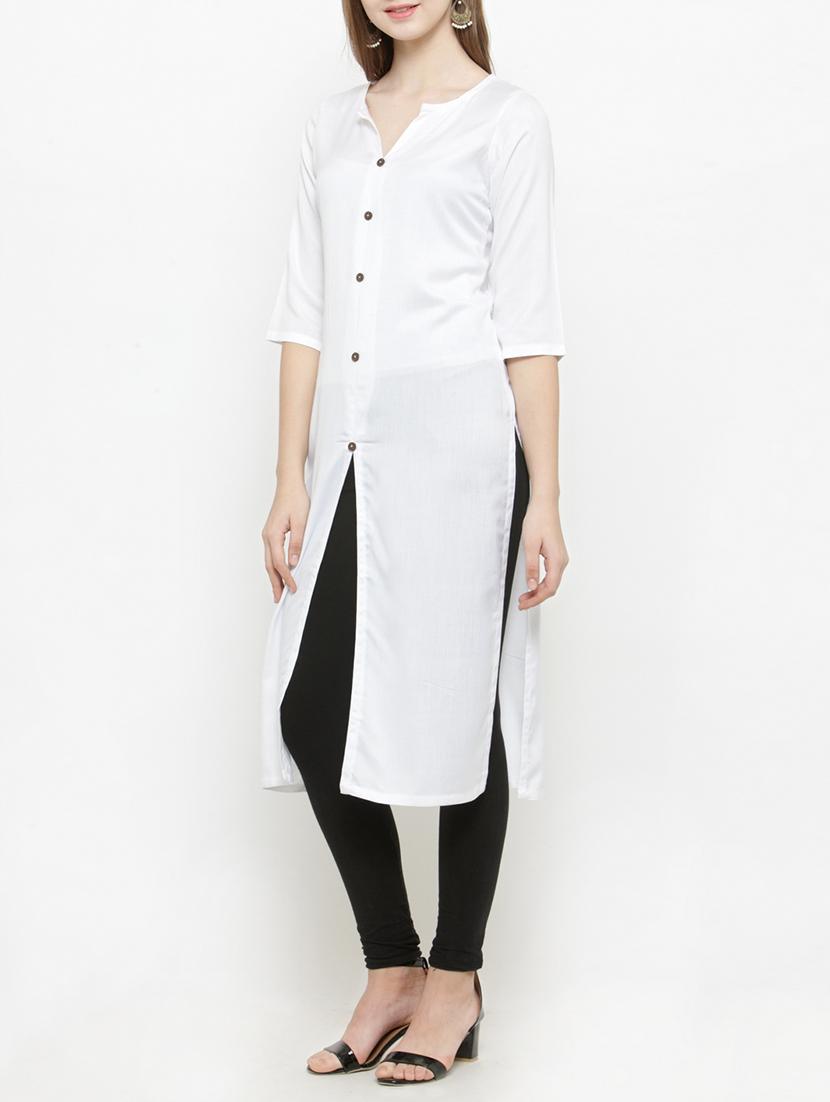 white straight slit kurta - 14790390 - Zoom Image - 2