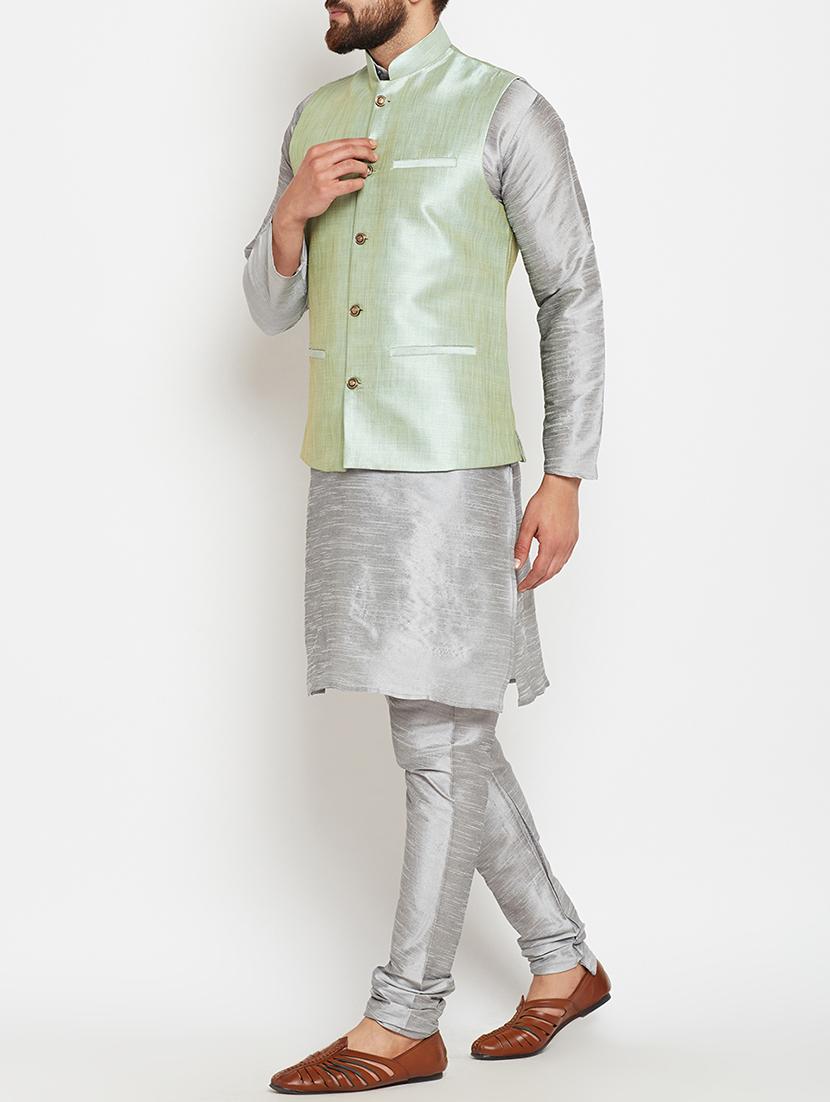 grey and light green dupion ethnic wear set - 14794187 - Zoom Image - 2