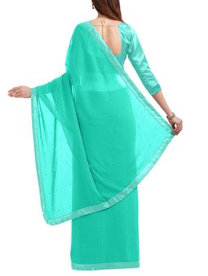 turquoise bordered saree with blouse - 14813996 - Standard Image - 2