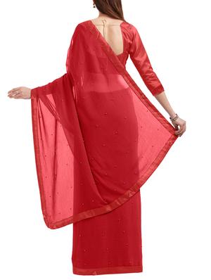 red chiffon bordered saree with blouse - 14813999 - Standard Image - 2