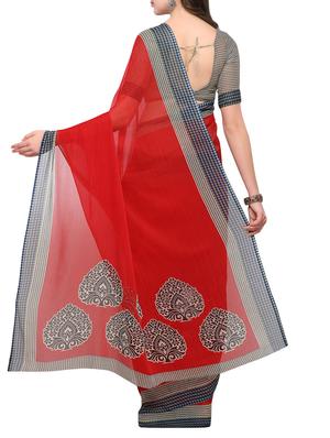 red chiffon printed saree with blouse - 14841599 - Standard Image - 2