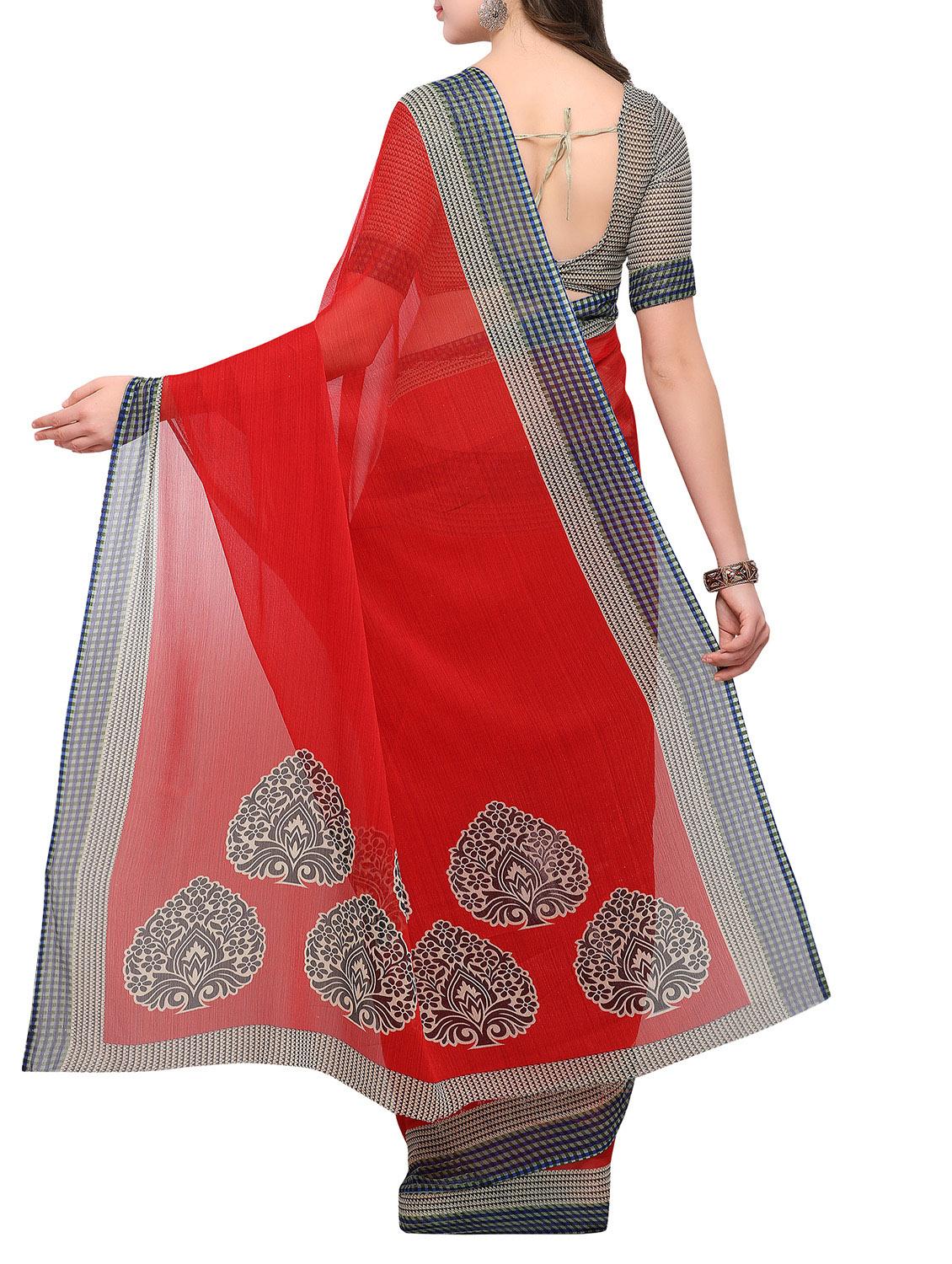 red chiffon printed saree with blouse - 14841599 - Zoom Image - 2