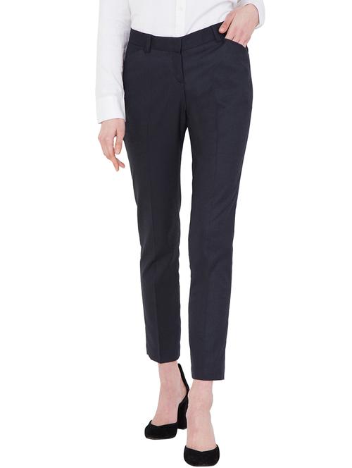 Navy blue solid flat front trouser - 14860629 - Standard Image - 1