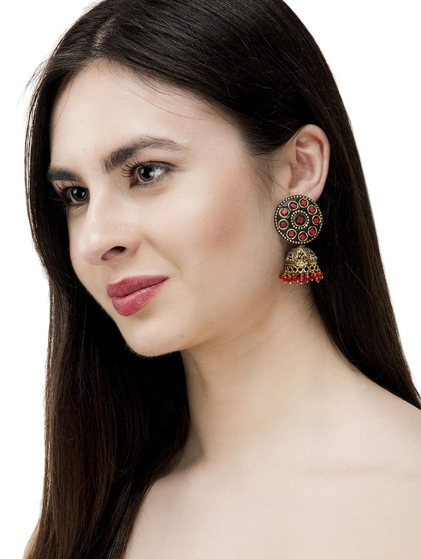 red brass jhumka earrings - 14868356 - Zoom Image - 2