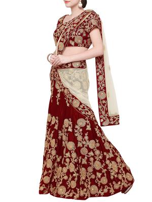 maroon velvet flared lehenga - 14877542 - Standard Image - 2