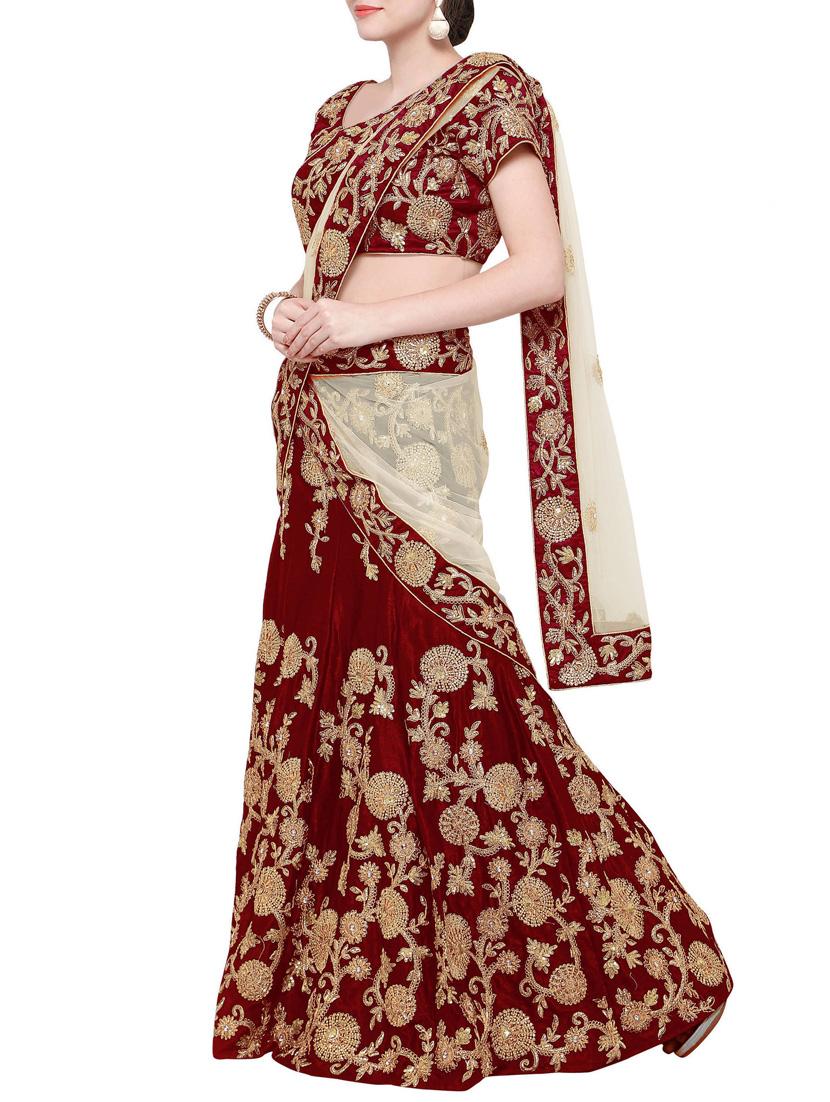 maroon velvet flared lehenga - 14877542 - Zoom Image - 2