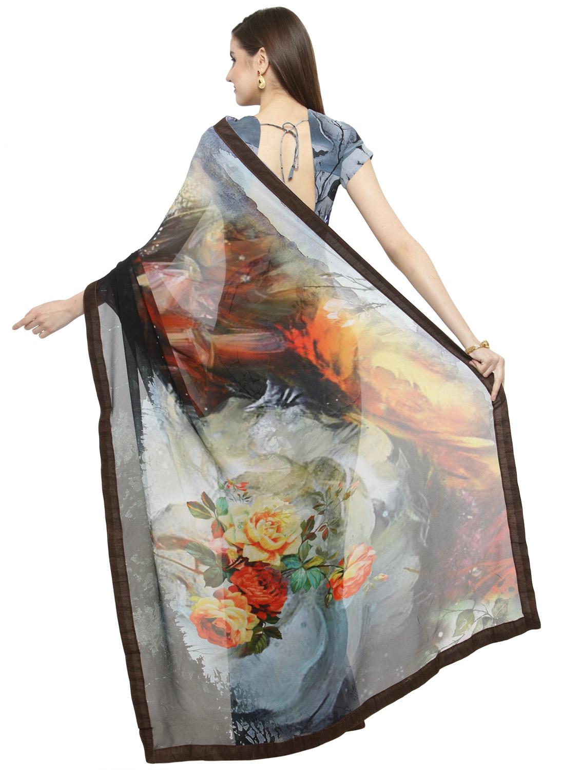 grey georgette printed saree with blouse - 14884293 - Zoom Image - 2