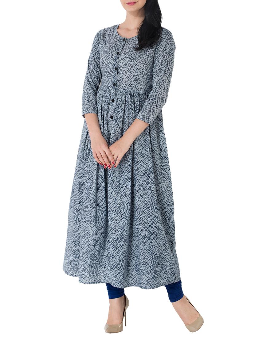 grey cotton flared kurta - 14885592 - Zoom Image - 2