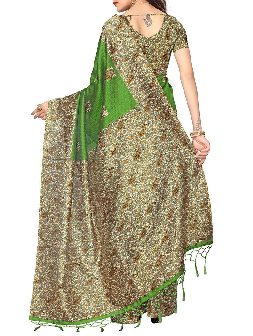 green silk blend printed saree with blouse - 14887928 - Zoom Image - 2
