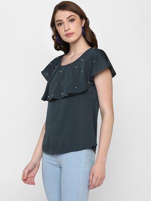 Pearl embellished ruffle overlay top - 14888790 - Standard Image - 2