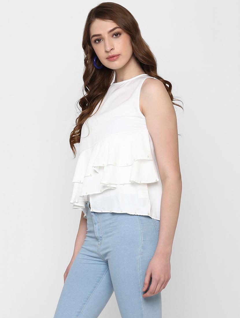 Pearl embellished ruffle overlay top - 14888795 - Zoom Image - 2