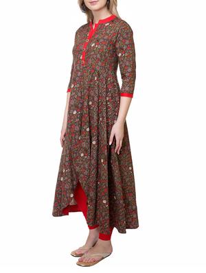 brown cotton asymmetric kurta - 14889568 - Standard Image - 2