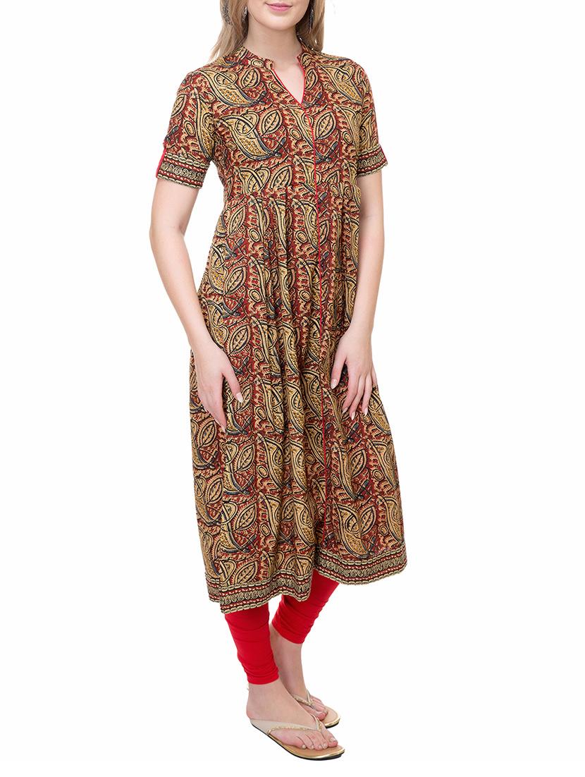 brown cotton flared kurta - 14889569 - Zoom Image - 2