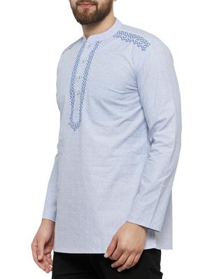 light blue cotton short kurta - 14890664 - Standard Image - 2