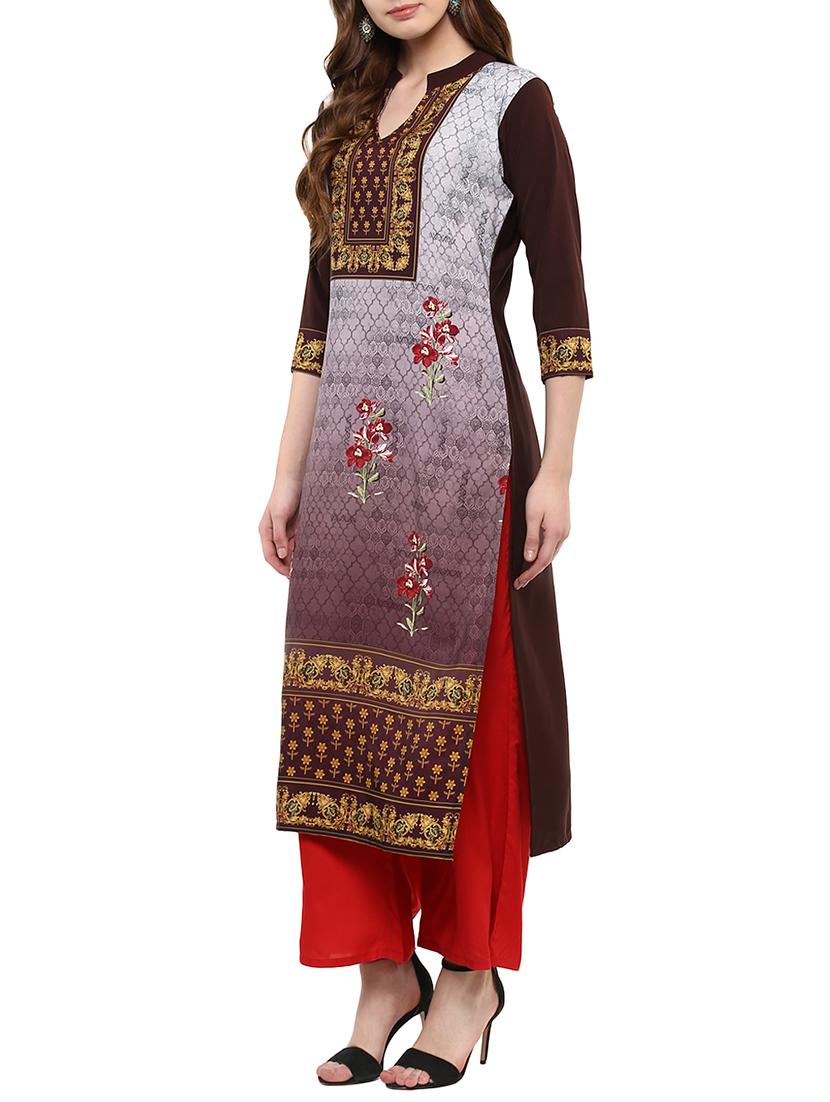 maroon crepe straight kurta - 14895059 - Zoom Image - 2