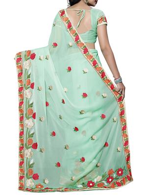 green chiffon embroidered saree with blouse - 14898839 - Standard Image - 2