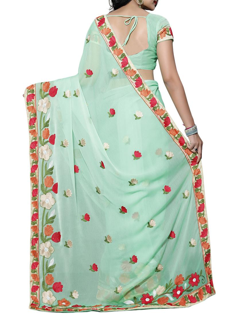 green chiffon embroidered saree with blouse - 14898839 - Zoom Image - 2