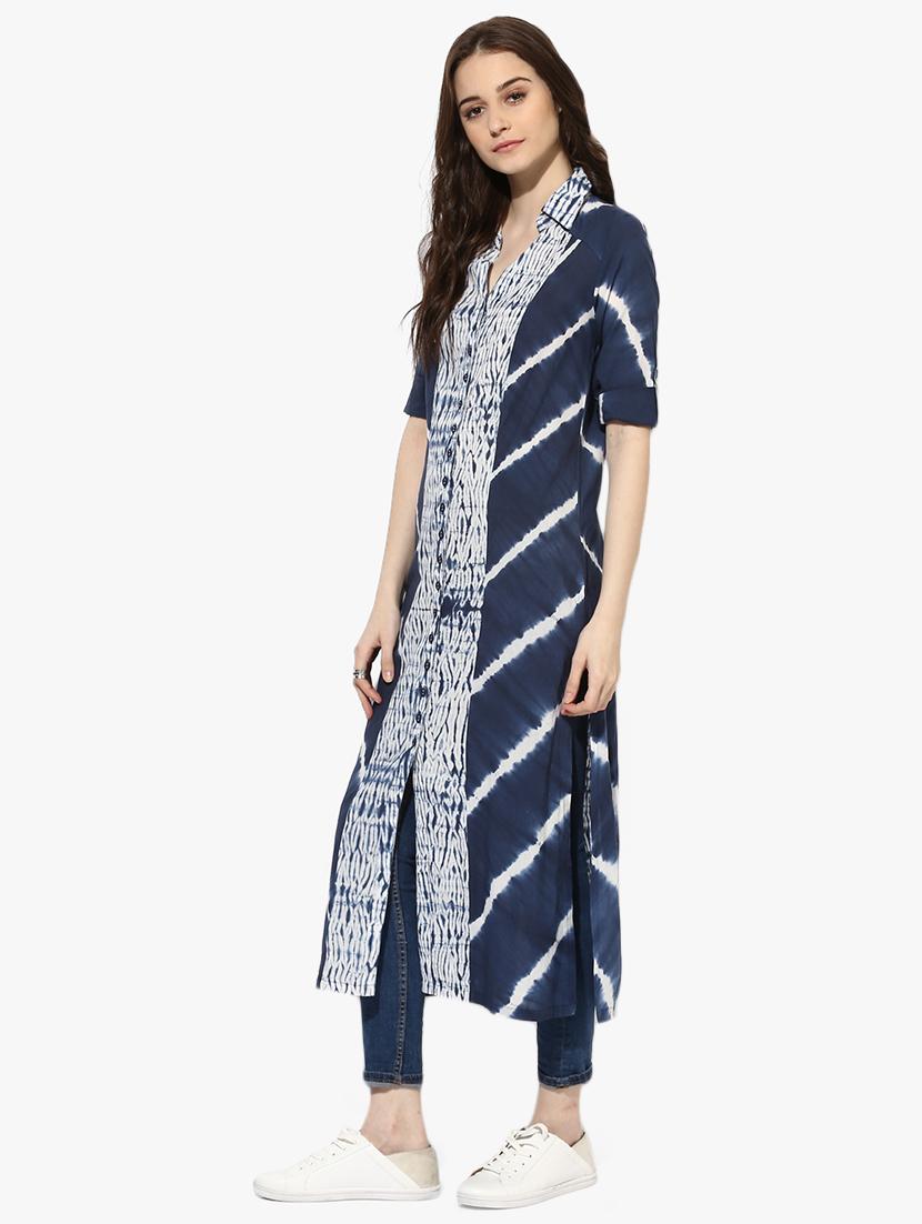 Indian Dobby blue cotton a-line kurta - 14900586 - Zoom Image - 2