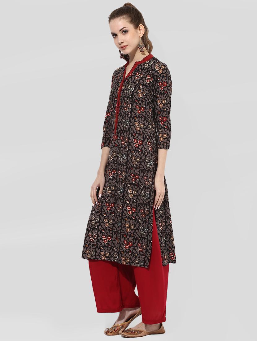 Indian Dobby brown cotton straight kurta - 14901696 - Zoom Image - 2